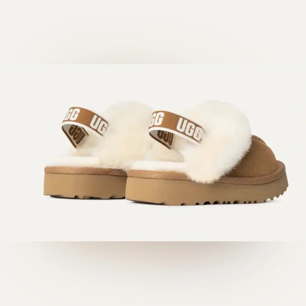 UGG Chestnut and Shearling Slide Slippers with White Fur Trim